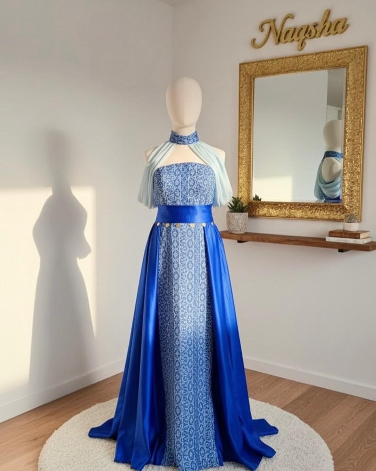 Cobalt Blue Tatreez Evening Gown