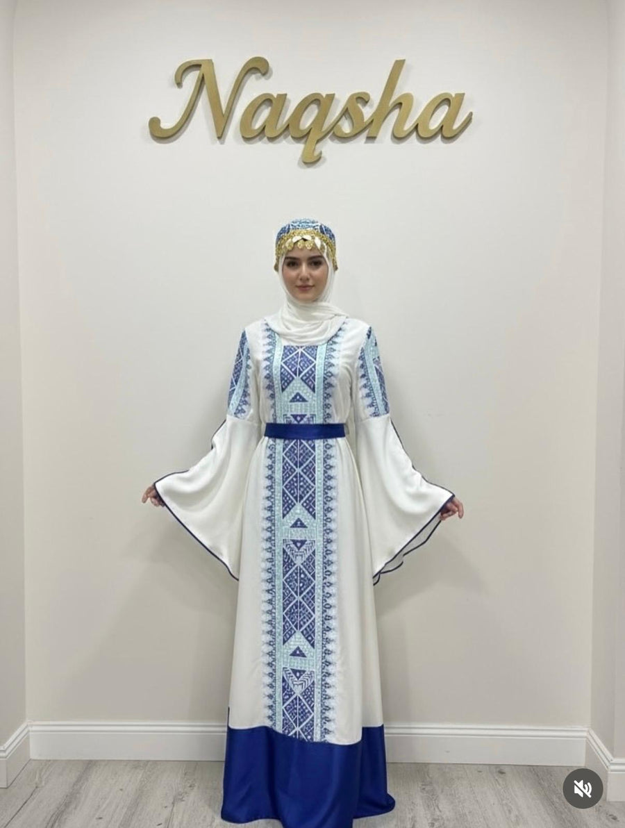 White Blue Tatreez Model Dress