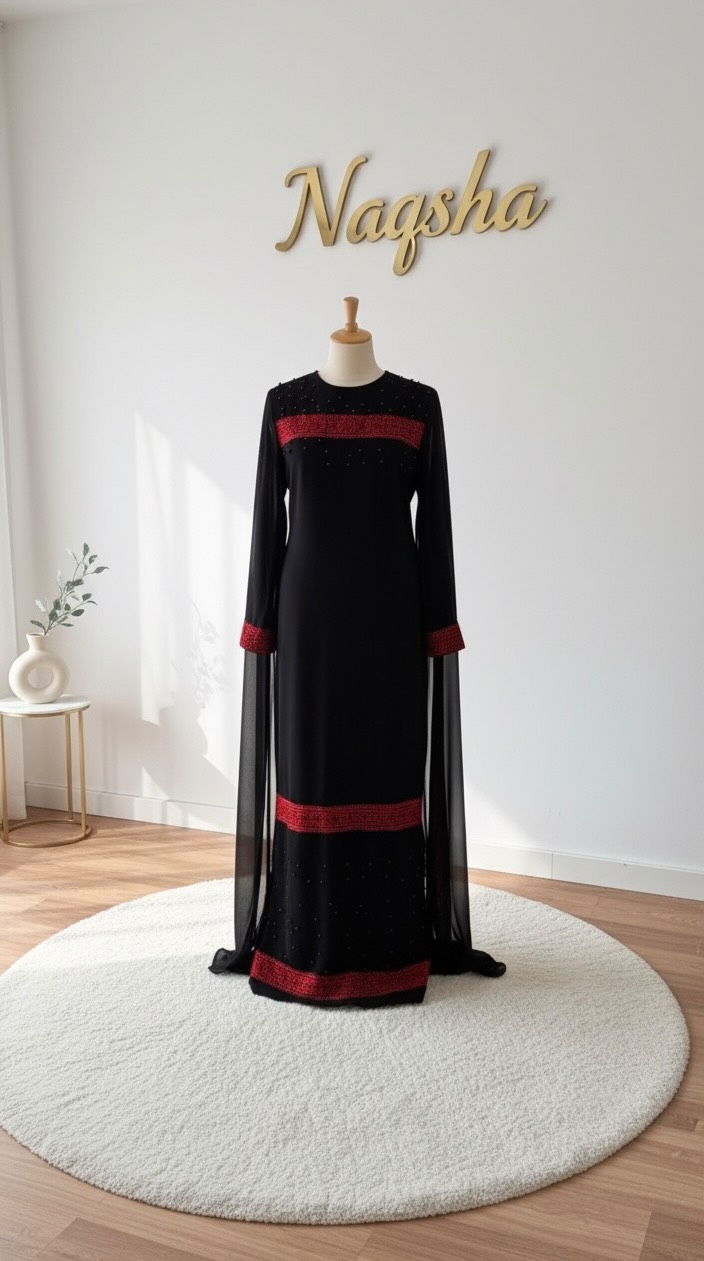 Midnight Velvet Tatreez Gown with Draped Sleeves