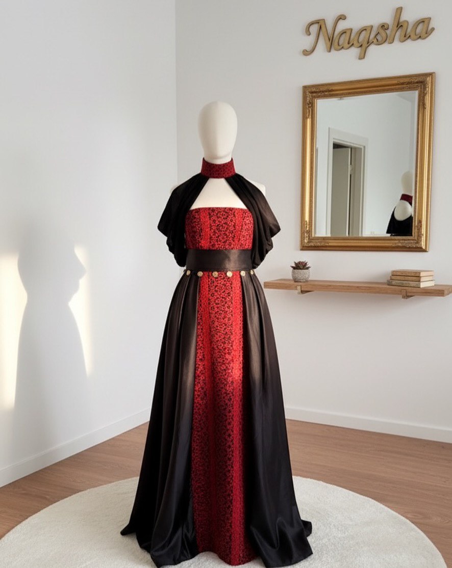 Onyx & Crimson Tatreez Coin Cape Gown