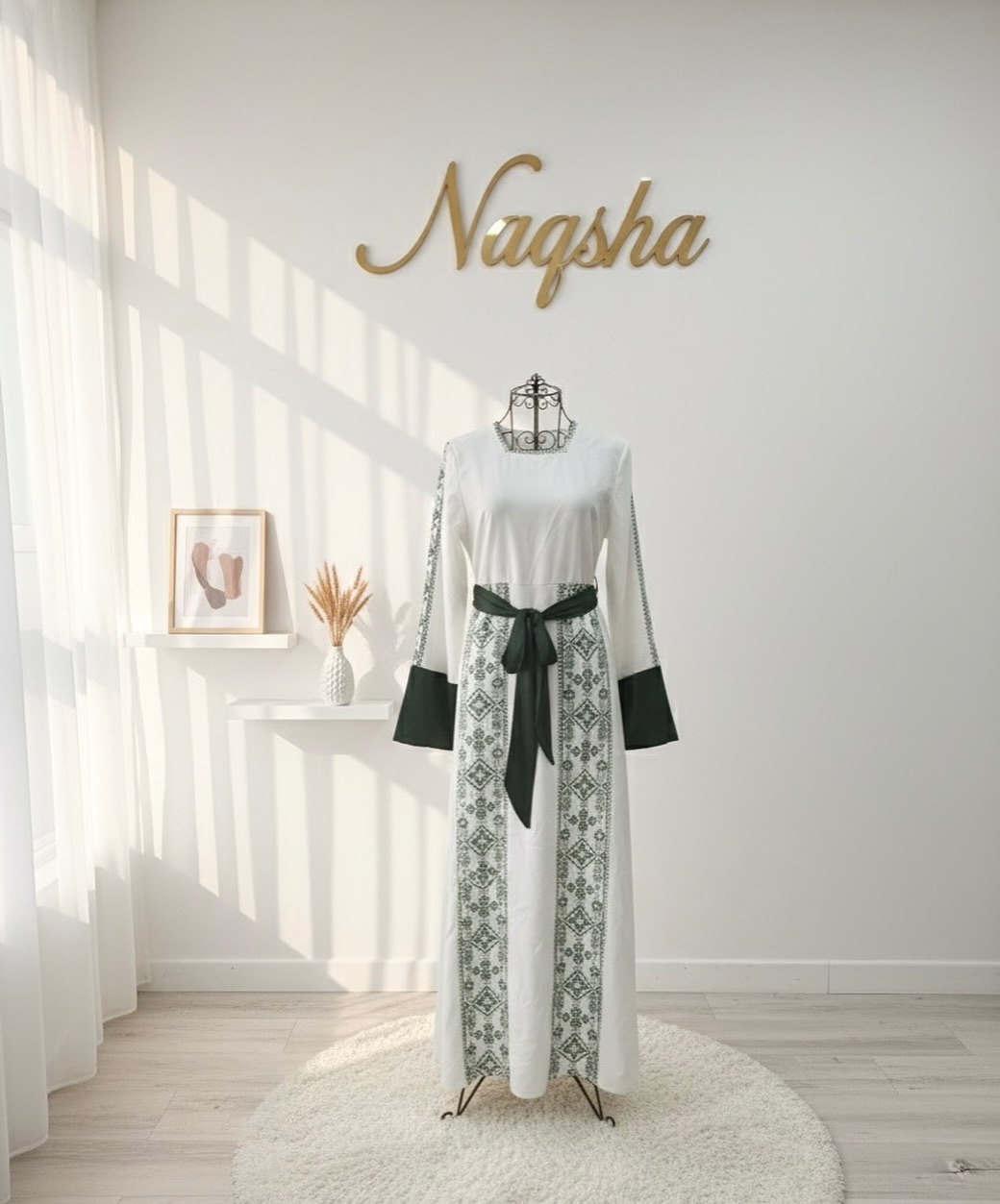 Ivory & Emerald Tatreez Belted Kaftan