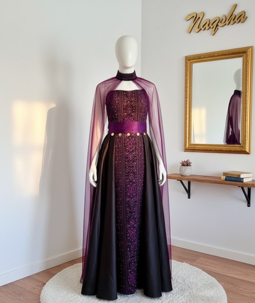 Amethyst Night Tatreez Cape Gown (Coin Accents)