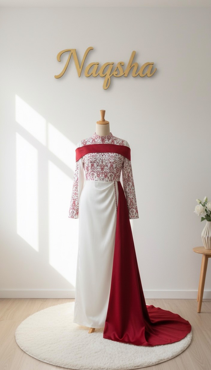Ivory & Pomegranate Tatreez Side-Train Gown (Convertible Sash)