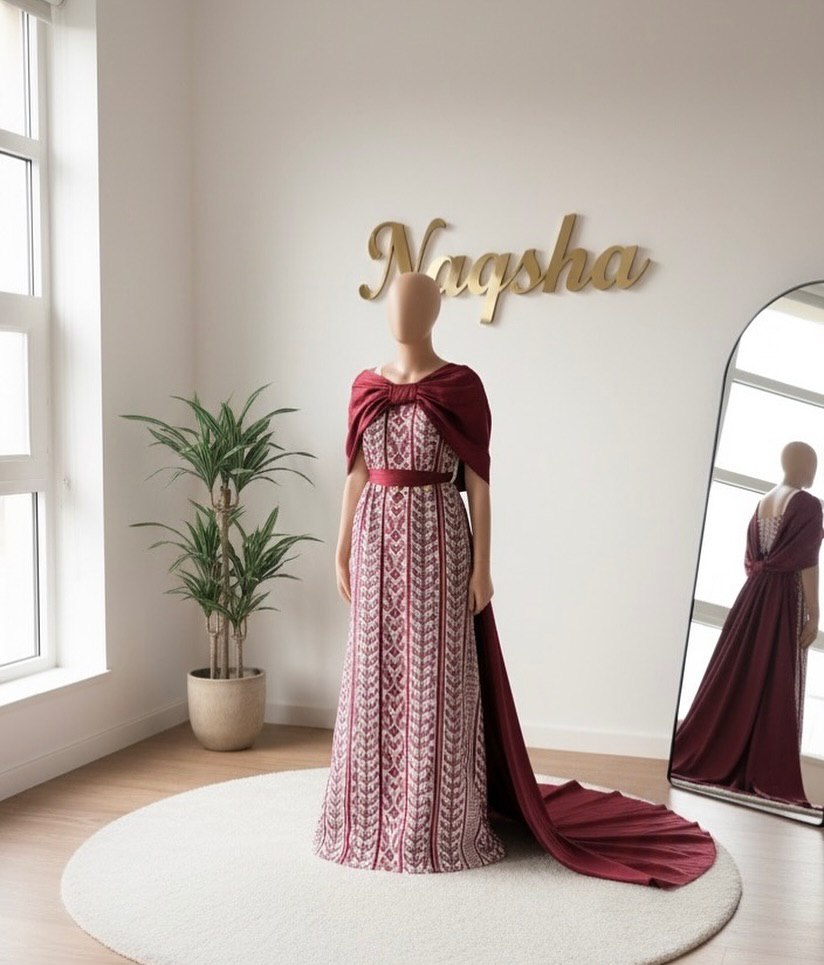 Burgundy Embrace Tatreez Cape Gown (with Train)